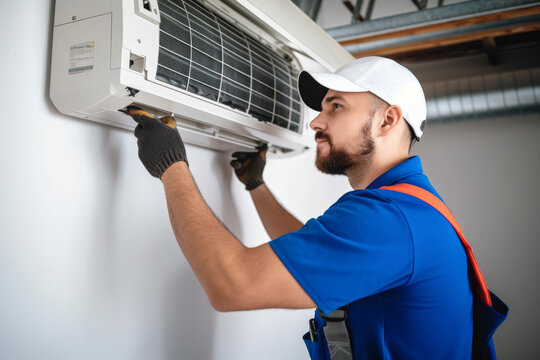 HVAC technician installing a mini split air conditioner in Broomfield