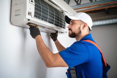 360_F_621046421_Vcay4nYa8ozdeodOQVDfES6MRrC6N3b8 Air conditioning technician servicing a wall-mounted AC unit in Broomfield, CO